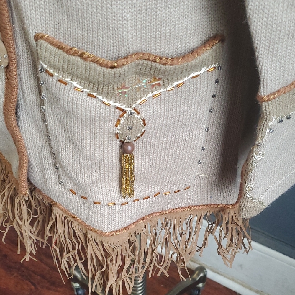 Vtg storybook  knits  Double-Breasted Jacket sweater with Fringe - Picture 5 of 16